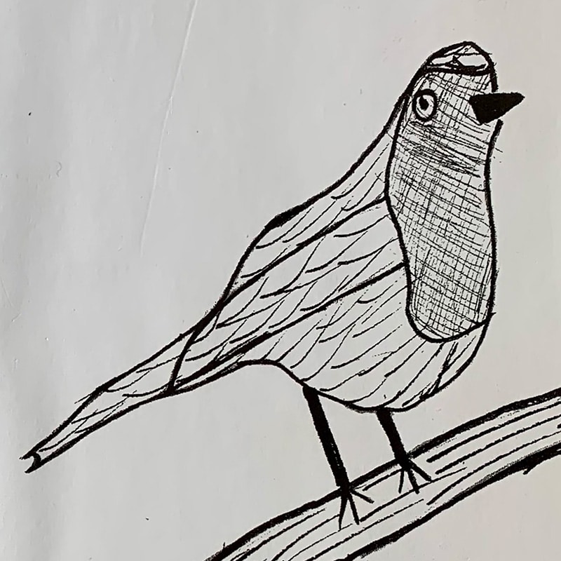 Black ink drawing of a bird with textured wings and chest, standing on a branch, viewed from the side. Created as student work, the illustration features an open beak and a plain white background, highlighting the commitment to leave no student behind in creative expression.
