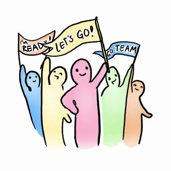 A group of colorful, smiling cartoon figures holding flags with motivational phrases: Im ready, Lets go! and Go Team. The figures are in pastel shades against a white background, symbolizing teamwork and enthusiasm. A group of colorful, smiling cartoon figures holding flags with motivational phrases: Im ready, Lets go! and Go Team. The figures are in pastel shades against a white background, symbolizing teamwork and enthusiasm.