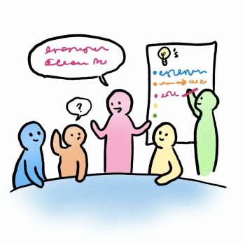 A colorful, simplified drawing of five abstract human-like figures in a meeting. One is presenting ideas on a flipchart, while another takes notes. The group has a mix of colors: blue, orange, pink, yellow, and green. A colorful, simplified drawing of five abstract human-like figures in a meeting. One is presenting ideas on a flipchart, while another takes notes. The group has a mix of colors: blue, orange, pink, yellow, and green.