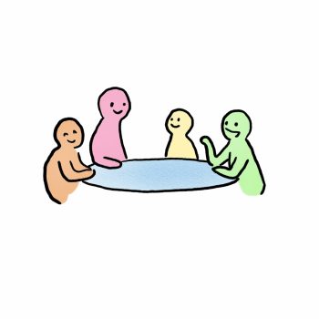 Four colorful, anonymous figures sit smiling around a round table, each a different color: brown, pink, yellow, and green, on a white background. Four colorful, anonymous figures sit smiling around a round table, each a different color: brown, pink, yellow, and green, on a white background.